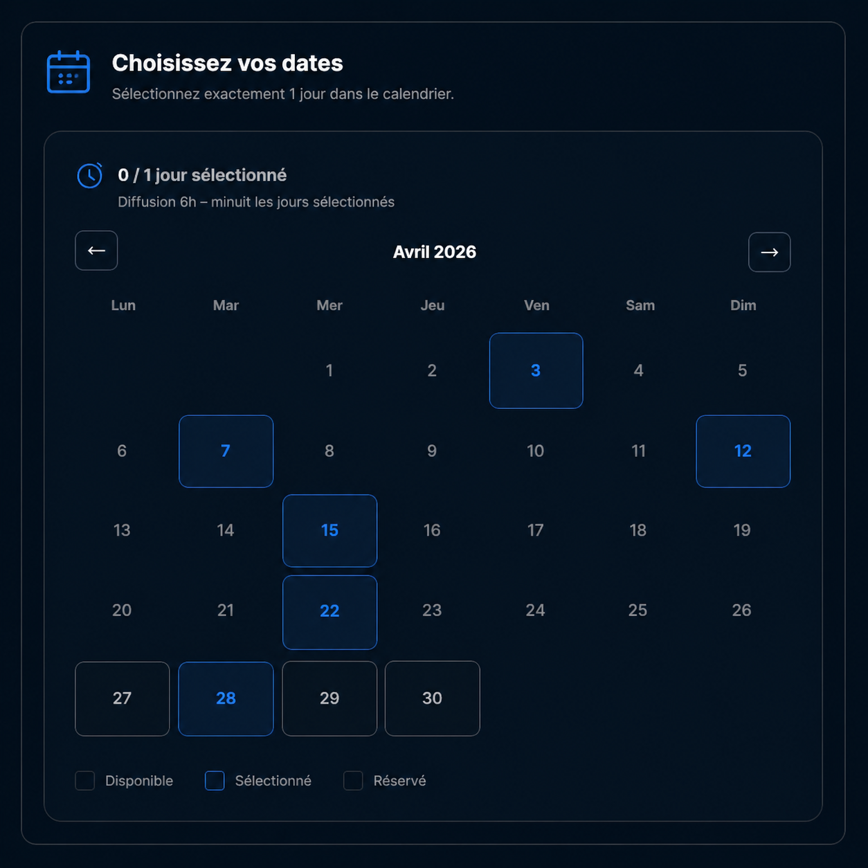 Calendrier interactif pour choisir les dates de campagne
